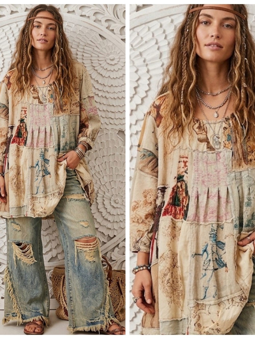 Boho Patchwork Tunic Top in Beige Patchwork